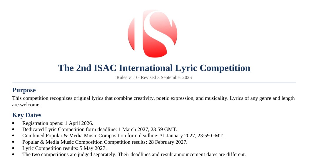 1st ISAC International Lyric Competition 2026